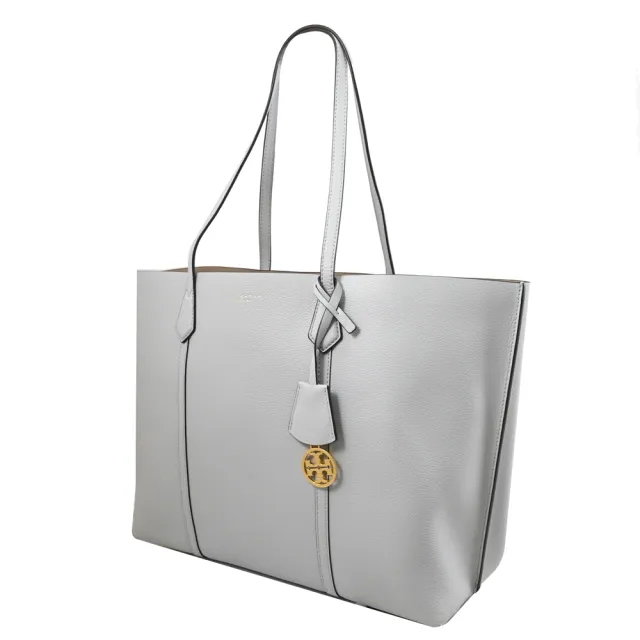 【TORY BURCH】Perry 簡約燙金LOGO荔枝皮革三層包肩背包(淺灰 大)