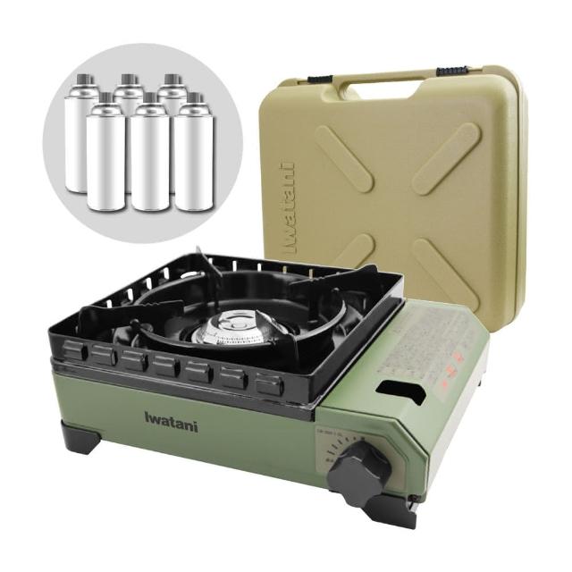 【Iwatani 岩谷】戶外防風究極綠武士磁式瓦斯爐3.3kW-附收納盒-日本製-贈6入瓦斯罐(CB-ODX-1-OL+瓦斯罐6入)