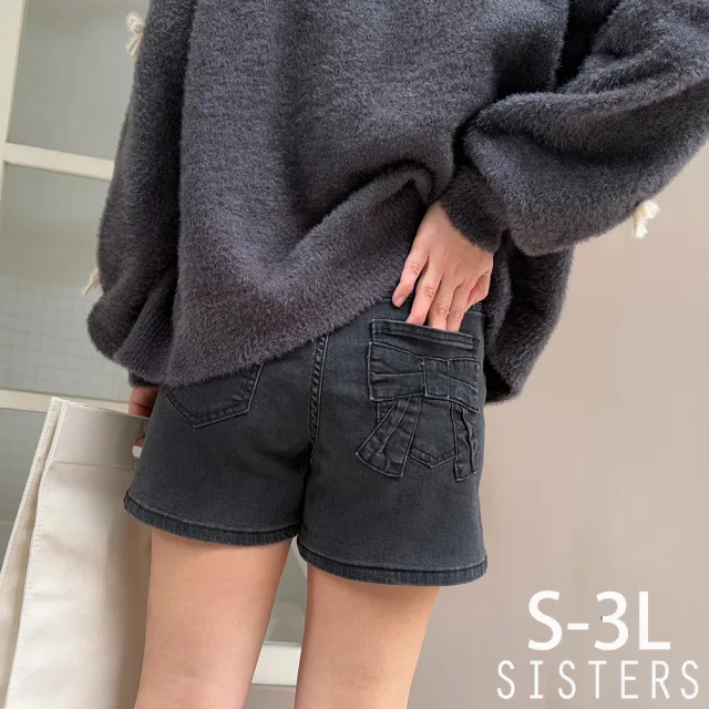 【SISTERS】蝴蝶結口袋刷痕水洗牛仔短褲/S-3L(女下著/丹寧/短褲/顯瘦/褲子/牛仔褲)