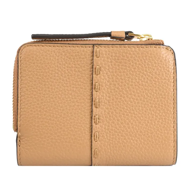 【TORY BURCH】簡約經典雙T LOGO荔枝皮革扣式零錢短夾(淺咖)