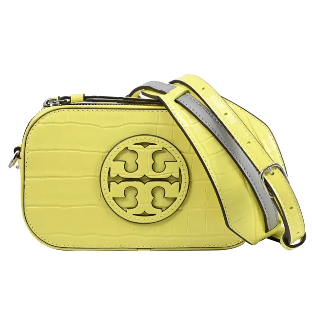 【TORY BURCH】經典雙T LOGO鱷魚紋雙層2雙背帶相機包斜背包(亮黃)
