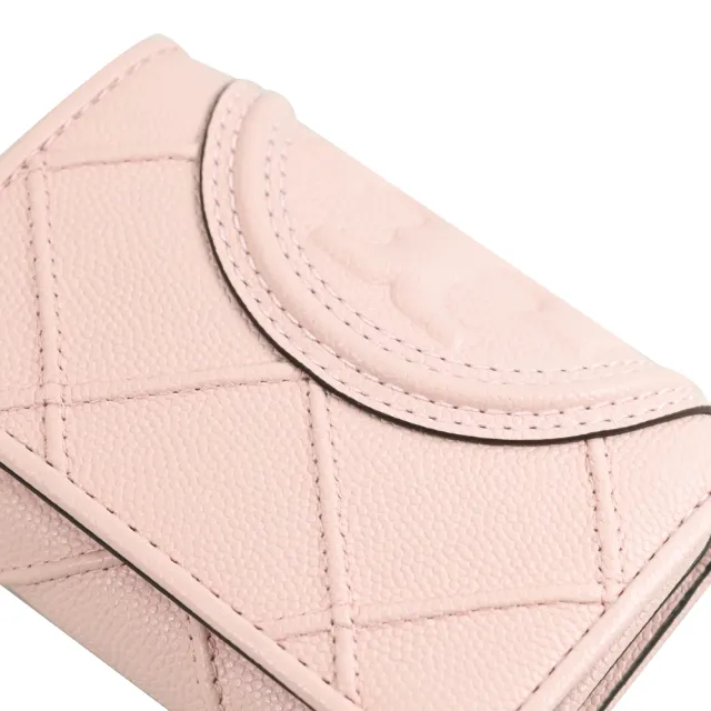 【TORY BURCH】經典立體雙T LOGO菱格車線皮革三折小短夾(粉)