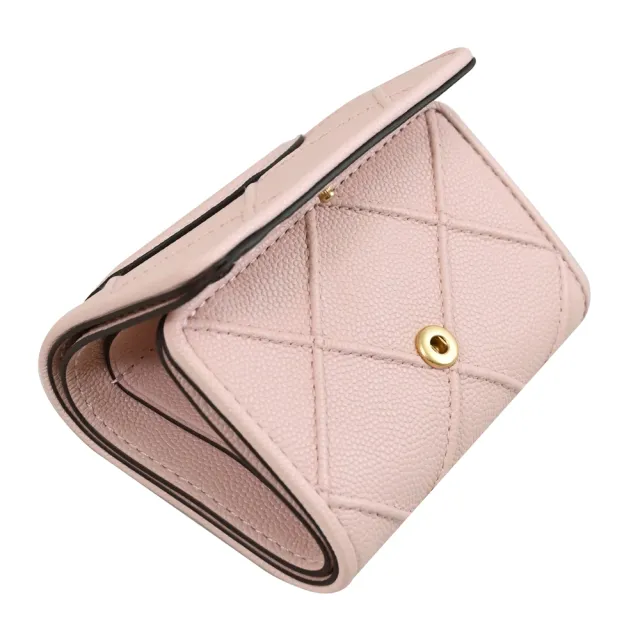 【TORY BURCH】經典立體雙T LOGO菱格車線皮革三折小短夾(粉)