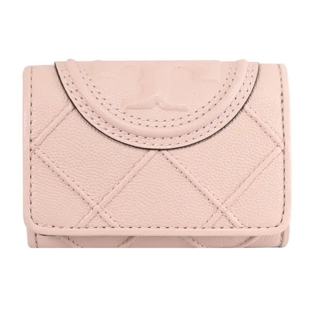 【TORY BURCH】經典立體雙T LOGO菱格車線皮革三折小短夾(粉)