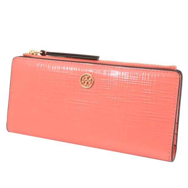 【TORY BURCH】金屬雙T LOGO十字紋漆皮對折扣式零錢長夾(粉橘)