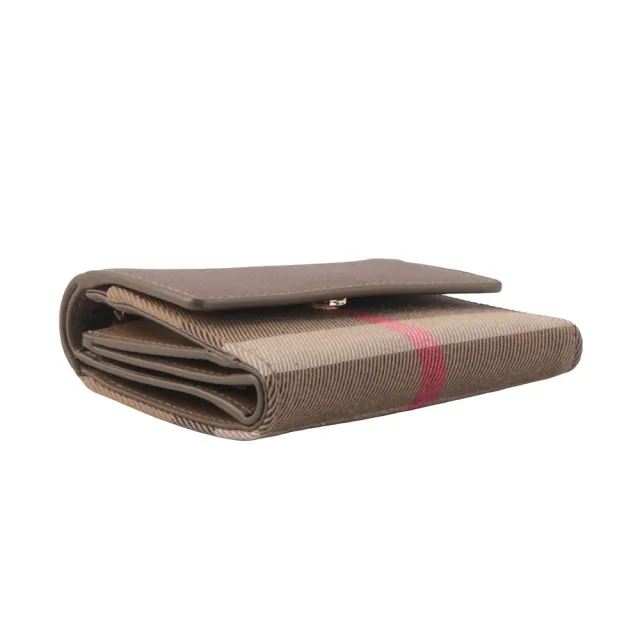 【BURBERRY 巴寶莉】Lancaster 牛皮及帆布格紋三折短夾_展示品(土棕色/棕色)