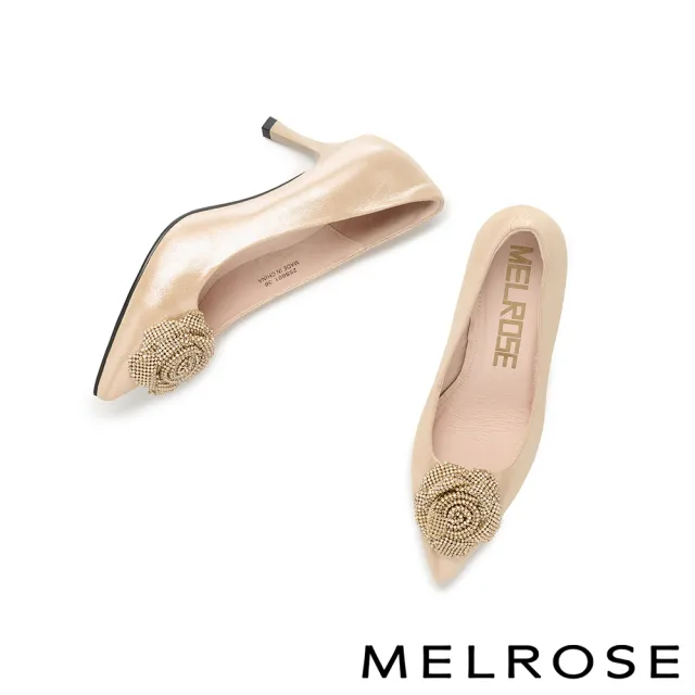 【MELROSE】美樂斯 華麗高雅晶鑽花朵全真皮尖頭高跟鞋(金)