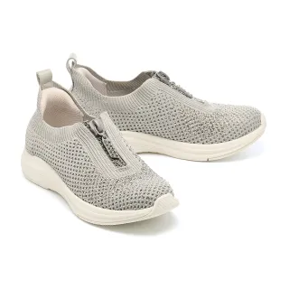 【MELROSE】美樂斯 率性時髦鑲鑽拉鍊飛織布厚底休閒鞋(灰)