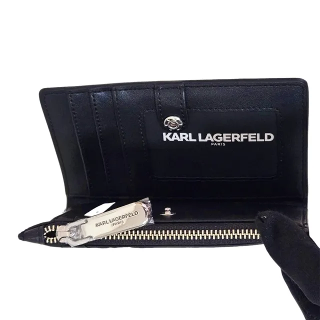 【KARL LAGERFELD 卡爾】KL 貓咪公仔對開拉鍊零錢包 卡包(黑色)