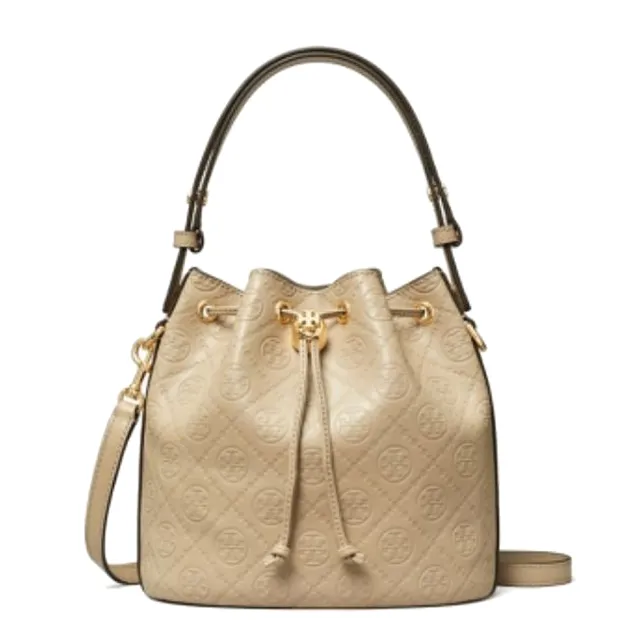 【TORY BURCH】TB Monogram 皮革浮雕壓花LOGO 水桶包手提斜背兩用包(2色任選)