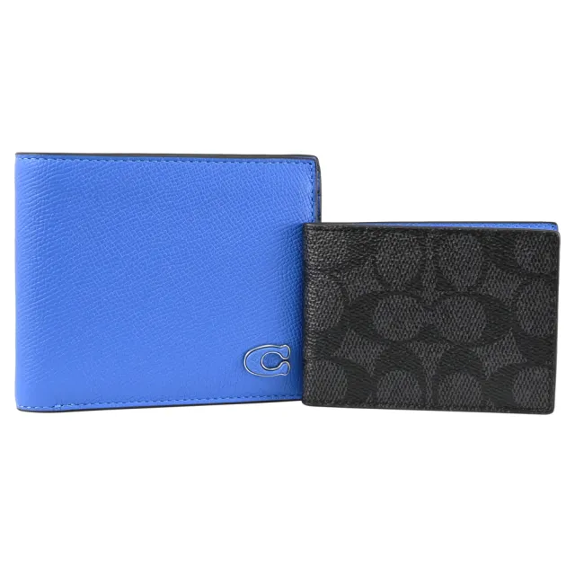 【COACH】經典C字LOGO皮革附活動夾對折雙層短夾(藍)