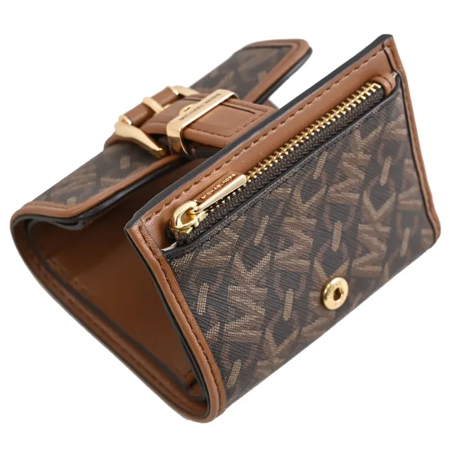 【Michael Kors】COLBY 金屬LOGO皮帶穿扣造型三折零錢短夾(深咖)