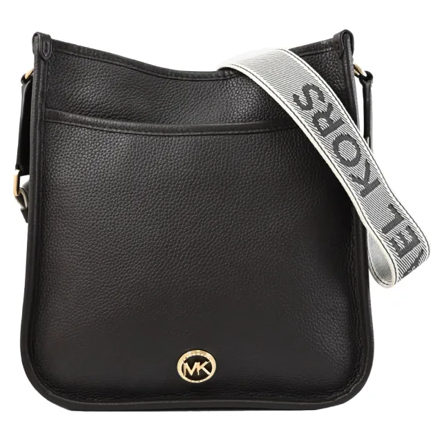 【Michael Kors】LUISA 簡約金屬LOGO荔枝皮革寬背帶直式斜背包(深咖)