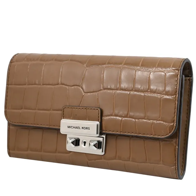 【Michael Kors】TRIBECA WOC 金屬LOGO鱷魚壓紋翻蓋可拆鍊條三用鍊包(棕色)