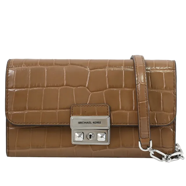 【Michael Kors】TRIBECA WOC 金屬LOGO鱷魚壓紋翻蓋可拆鍊條三用鍊包(棕色)