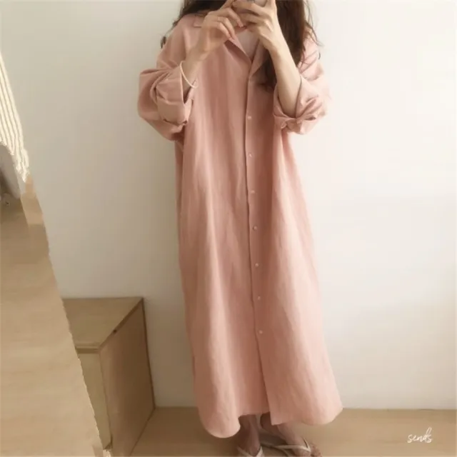 【米蘭精品】現貨+預購 女連身裙長袖洋裝大尺碼長裙連衣裙A字裙休閒大碼女裝(韓系寬鬆棉麻女裙子2色74kd18)