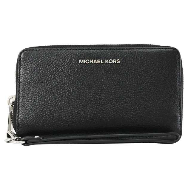 【Michael Kors】簡約金屬LOGO荔紋皮革手提式零錢中夾(黑銀)