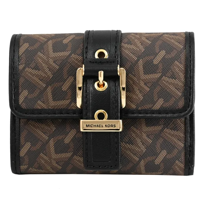 【Michael Kors】COLBY 金屬LOGO皮帶穿扣造型三折零錢短夾(黑咖)