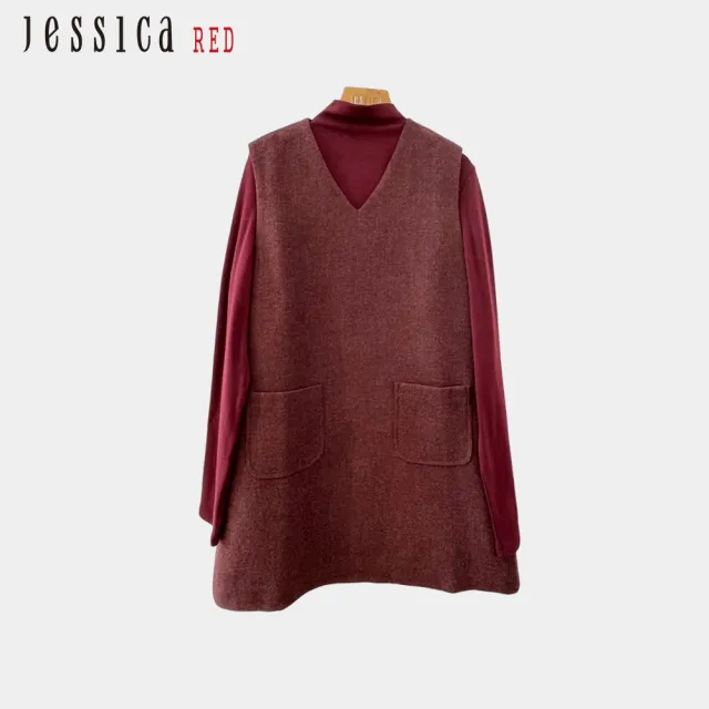 【Jessica Red】氣質百搭立領配無袖V領兩件式羊毛洋裝(紅)R44703