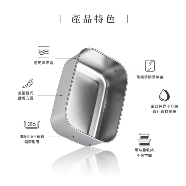 【MASIONS 美心】PREMIUM 可微波 皇家316不鏽鋼矽膠玻璃蓋抗菌保鮮盒(1000ml)