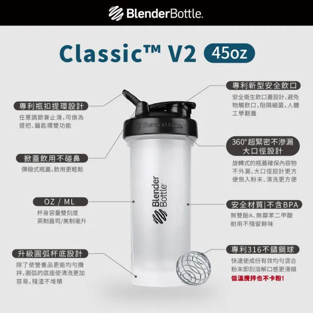 【Blender Bottle】美國原裝Classic-V2大容量防漏搖搖杯45oz/1330ml(blenderbottle/運動水壺/搖搖杯)