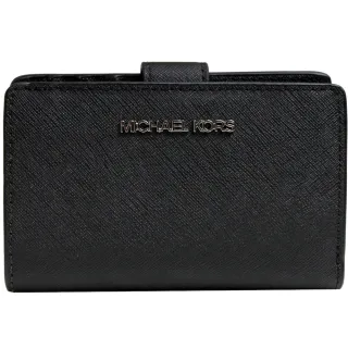 【Michael Kors】MK JET SET TRAVEL防刮皮革釦式中夾/MK中夾(黑-銀)