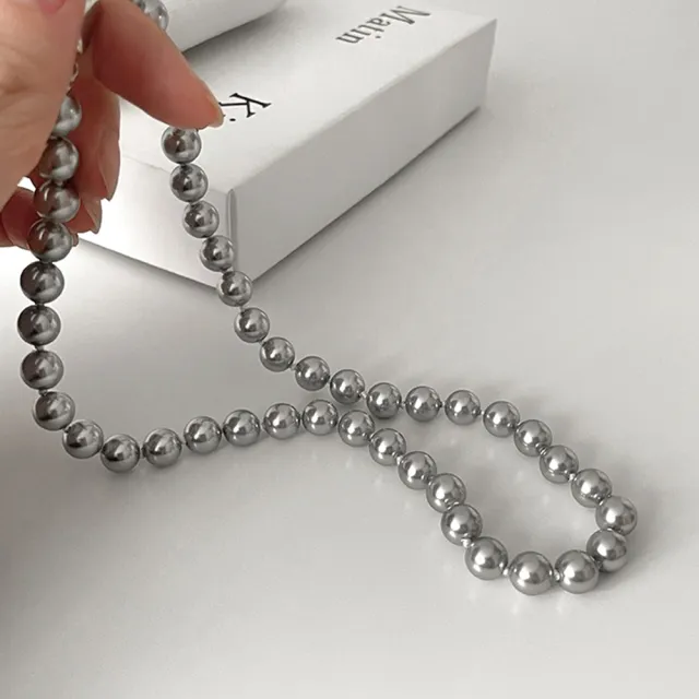 【LEESA】灰珍珠\個性項鍊\珍珠項鍊\項鍊\女生飾品\銀元寶\韓版\項鍊女\簡約ins風\韓國飾 