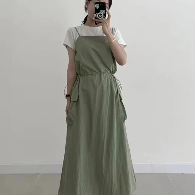 【米蘭精品】現貨+預購 洋裝細肩帶連身裙大尺碼長裙連衣裙A字裙休閒大碼女裝(韓系復古抽繩女裙子4色74kf67)