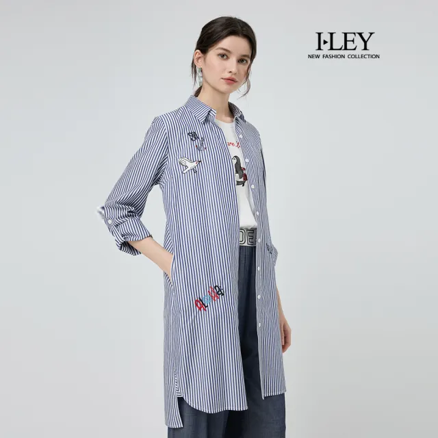 【ILEY 伊蕾】刺繡條紋萊賽爾棉質長版襯衫(深藍;M-XL;1251461509)