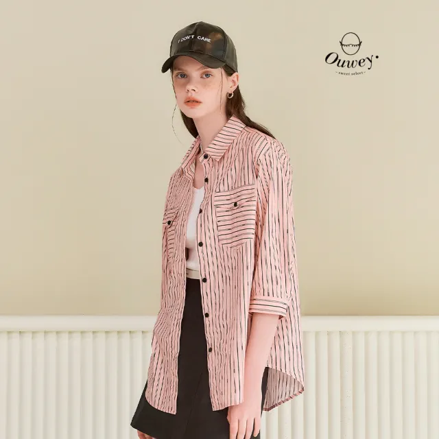 【OUWEY 歐薇】直條紋寬鬆七分袖純棉襯衫(粉；S-L；3251151506)（其他規格）
