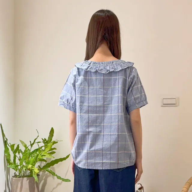 【Hana Mokuba】花木馬日系女裝格紋荷葉邊兩側鬆緊收口上衣(造型上衣)