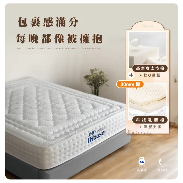 【IHouse】膠原蛋白+30mm乳膠+加強護邊 5尺床墊 /雙人床墊/捲包床墊/壓縮床(高碳錳鋼強化型獨立筒-比亞蒂)