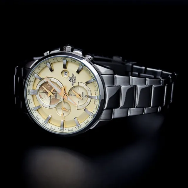 【CASIO 卡西歐】EDIFICE系列 世界地圖三環不鏽鋼腕錶/香檳金43mm(ETD-310D-9A)