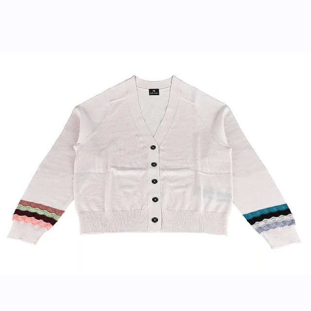 【Paul Smith】PAUL SMITH內標白字LOGO羊毛混紡5鈕釦多色花邊長袖口V領開襟衫(女款/奶油粉白)