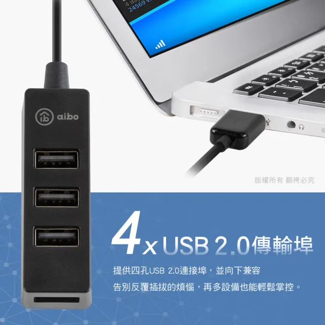 【aibo】Y204 USB2.0 4孔HUB集線器(線長60cm)