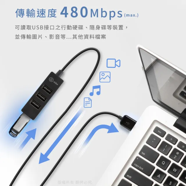 【aibo】Y204 USB2.0 4孔HUB集線器(線長60cm)