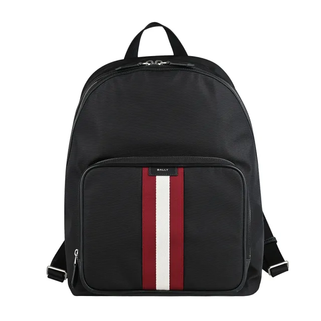 【BALLY】BALLY Code銀字燙印標誌紅白條紋設計尼龍後背包(黑)