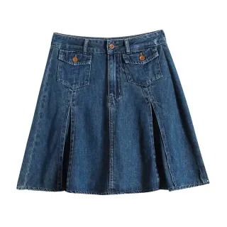 【CHACO】/預購/女夏深藍薄牛仔短裙高腰A字防走光打摺半身裙#8302(牛仔裙 防走光 短裙 褲裙 女 夏 單寧)