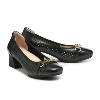 【MELROSE】美樂斯 雲朵後跟 時尚質感馬銜釦沖孔牛皮方頭高跟鞋(黑)