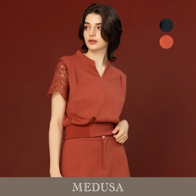 【MEDUSA 曼度莎】現貨-優雅蕾絲拼接開領上衣 - 2色（M-XL）｜女短袖上衣 上班穿搭(601-5140A)