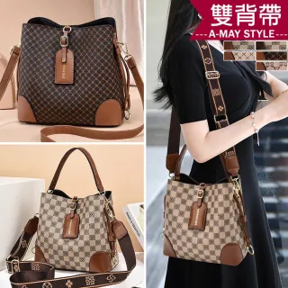 【艾美時尚】女包 開運包 斜背包 手提包 時尚格紋雙背帶肩背水桶包(6色.現貨+預購)