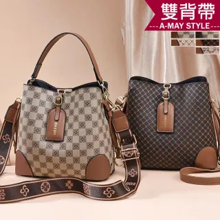 【艾美時尚】女包 開運包 斜背包 手提包 時尚格紋雙背帶肩背水桶包(6色.現貨+預購)