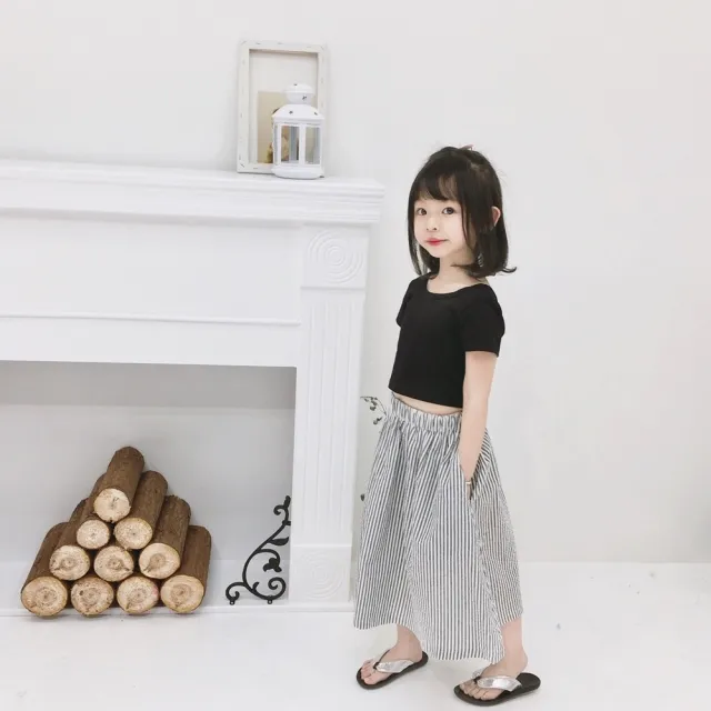 【橘魔法】黑色圓領短袖上衣＋條紋大圓裙 套裝(親子裝 裙子 中長裙 大童 大人 兒童 女童 童裝)