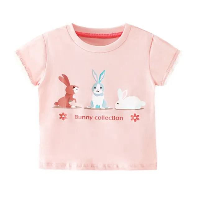 【橘魔法】三隻兔子蕾絲滾邊短袖上衣(T恤 棉T 女童 兒童 童裝)