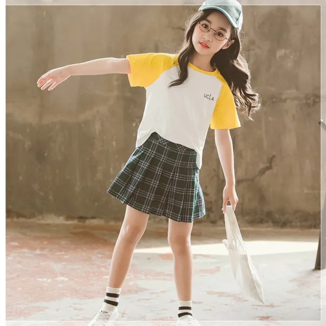 【橘魔法】插肩短袖上衣+百褶格子褲裙 套裝(運動套裝 小童 制服 學院風 童裝 女童 兒童)