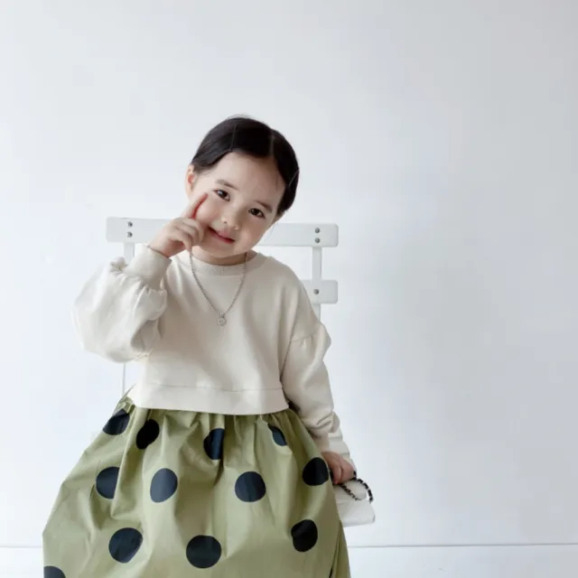 【橘魔法】大波點拼接衛衣洋裝(蓬蓬袖 連身洋裝 連衣裙 連身裙 女童 童裝 親子裝 兒童)