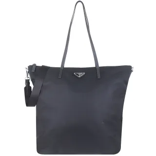 【PRADA 普拉達】三角標誌尼龍皮飾背帶斜肩/托特包(黑色)
