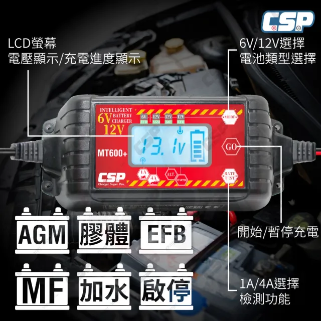 【CSP】MT600+ 汽車電池充電 機車電池充電 脈衝式充電 高壓修復 雙電壓模式(檢測電池狀態 EFB AGM)