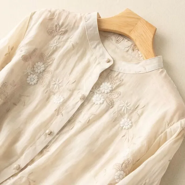 【ACheter】重工刺繡上衣七分袖棉麻拼接文藝復古短版上衣#124599(米白)
