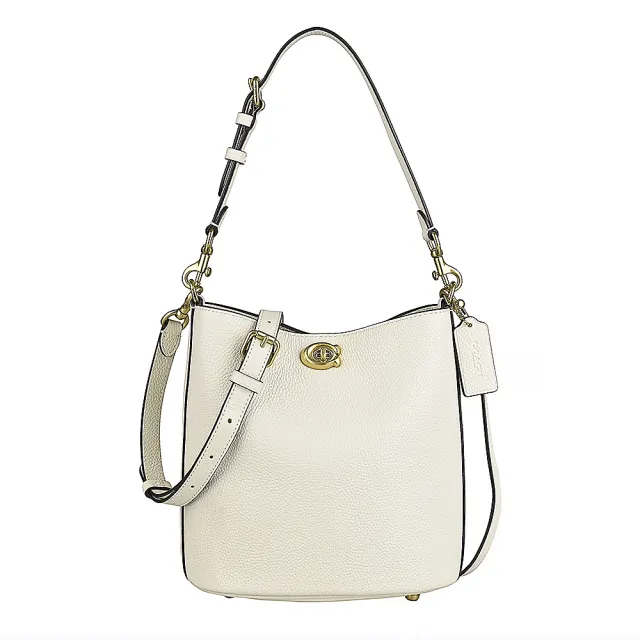 【COACH】COACH Willow 19復古C字釦LOGO荔枝紋小牛皮釦式手提/肩背/斜背水桶包(粉筆白)